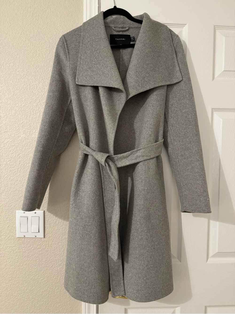 Tahari Light Gray Wrap Belted Wool-Blend Coat